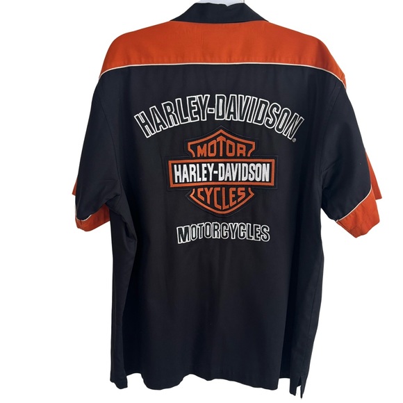 VTG HARLEY DAVIDSON Orange Black Mechanic Biker Shop Garage Sz XL Button Shirt - Picture 3 of 11